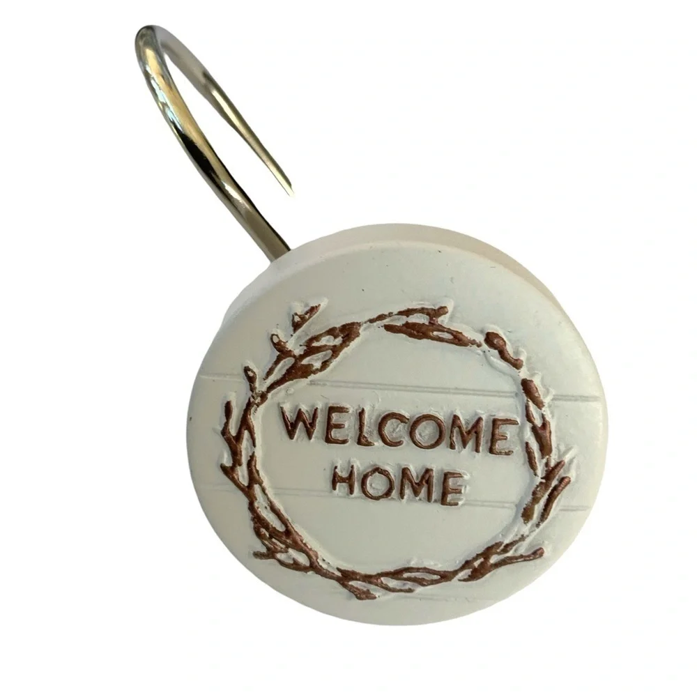 Modern Farmhouse Shower Curtain Hooks Set of 12 Welcome Home White Green Brown
